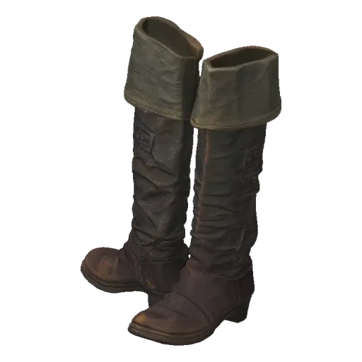 A 3D model render of a pair of rustic, dark brown leather pirate boots with cuffed tops, presented on a white background.