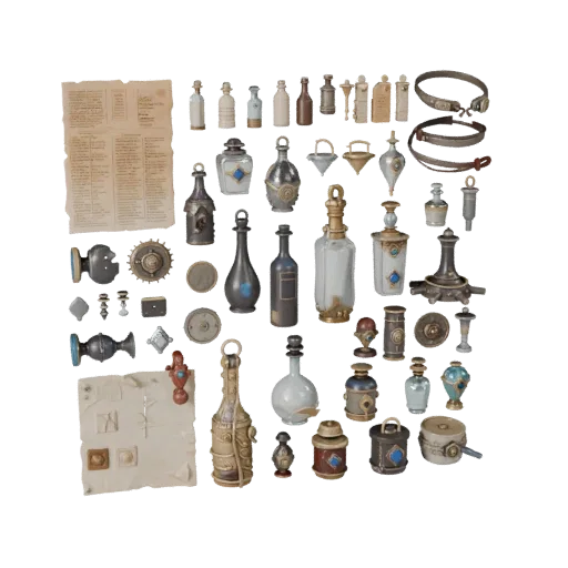 Fantasy Bottle Group High Poly 3D model, close-up studio render, showing paper-like cards, small readable forms.