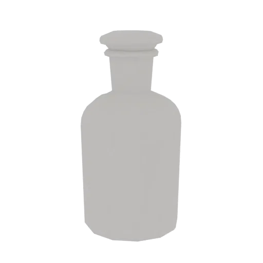 A 3D model of a classic, light gray apothecary bottle with a stopper, presented on a white background.