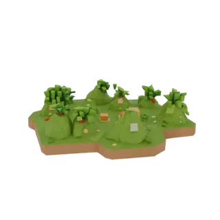 Low-poly 3D model of a game landscape with green hills, cubic trees, and small structures on a brown platform.