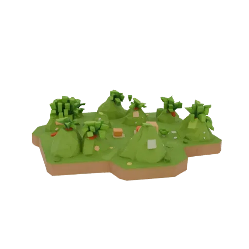 Low-poly 3D model of a game landscape with green hills, cubic trees, and small structures on a brown platform.