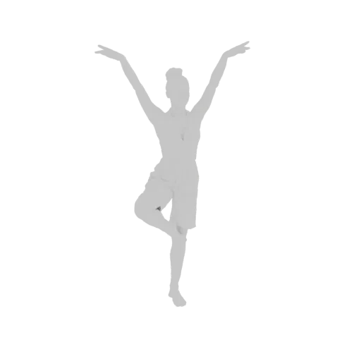 3D model of a woman in a yoga tree pose, with one leg bent and foot on the inner thigh, arms raised overhead, against a black