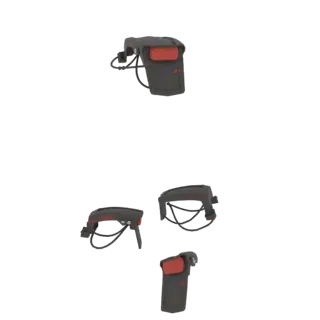3D model of a dark sci-fi tactical pouch with red accents and visible wiring, shown from multiple angles.