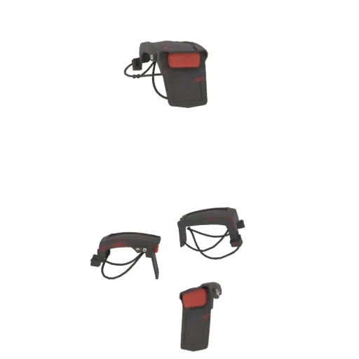 3D model of a dark sci-fi tactical pouch with red accents and visible wiring, shown from multiple angles.