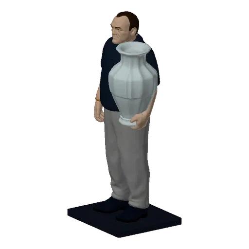 3D model of a stylized man in a dark polo shirt and gray pants, holding a light blue vase, standing on a black base.
