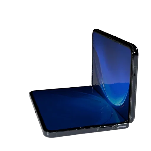 Foldable Gaming Phone Product Viz 3D model, three-quarter studio product render, showing glass screens, form detail.