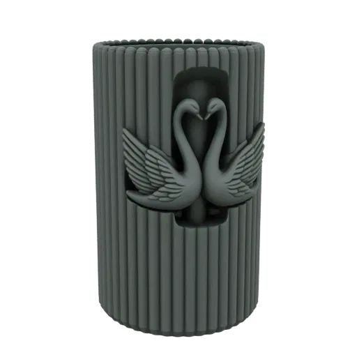 Modelo 3D de maceta cilíndrica gris con relieve de dos cisnes formando un corazón, sobre fondo blanco.