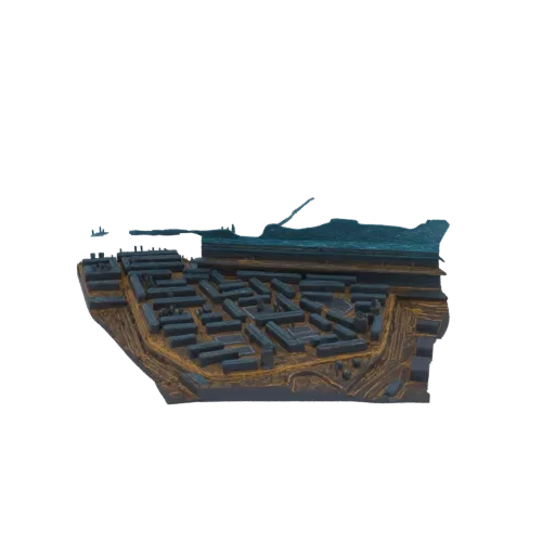3D model of a dense coastal city with apartment buildings, streets, and a large body of water.