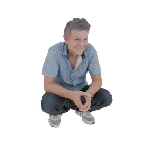 3D model of a man crouching with graying hair, wearing a blue shirt and dark pants, with his hands clasped.