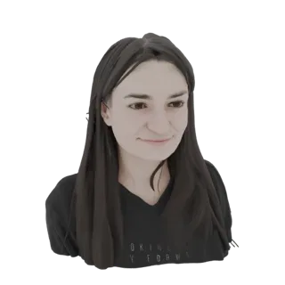 Modelo 3D de una mujer joven con pelo largo y oscuro, vistiendo una camiseta negra, mirando ligeramente a un lado con una son