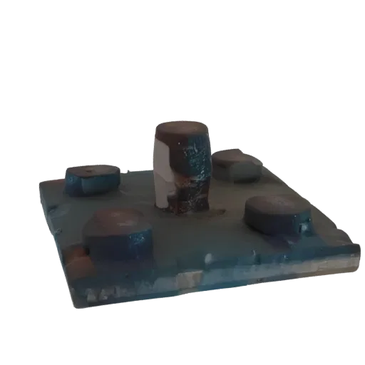 Render 3D di una base astratta futuristica con un pilastro centrale alto e diversi pilastri più piccoli circostanti, con text