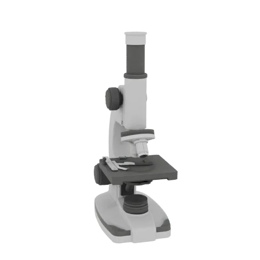 Biology Microscope Education 3D model, three-quarter training render, showing glass, recognizable lab forms.