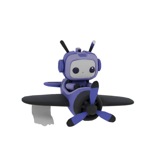 A 3D render of a cute purple robot with antennae, wearing a pilot's helmet, sitting in the cockpit of a dark gray and purple