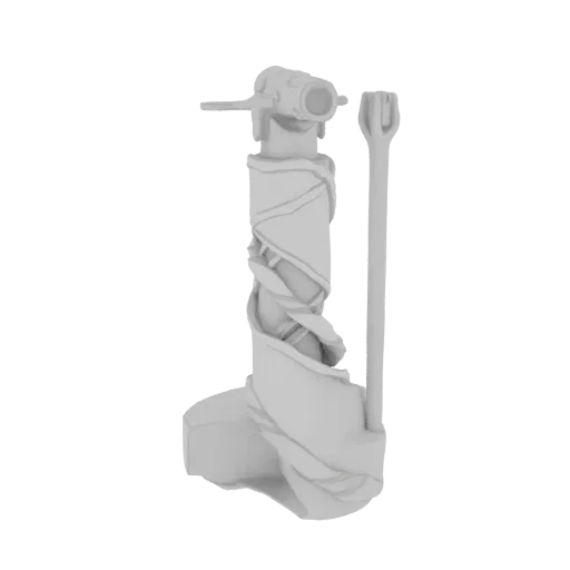 3D model of an ancient ritual staff with a wrapped shaft and a complex top piece, rendered in gray.