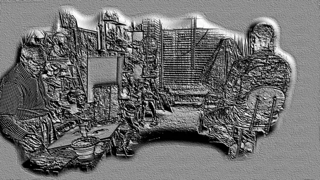 3D model of a bas-relief depicting a scene with people sitting at a table, in impasto style