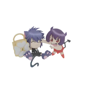 3D model of a chibi cat boy with purple hair sitting and a devil girl with purple hair reaching out to him playfully, against