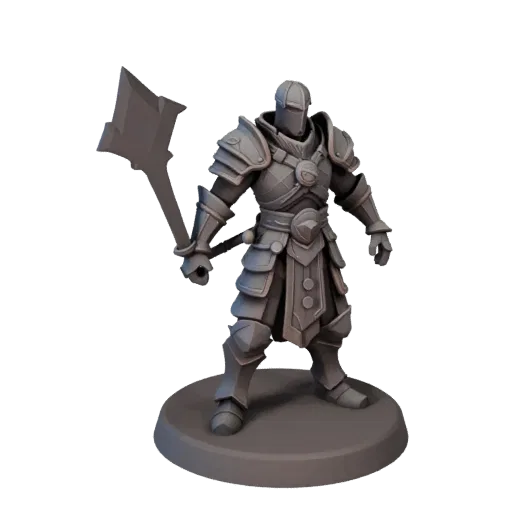 Fantasy Warrior Miniature low poly 3D model preview showing silhouette, three-quarter game view, pose and resin detail