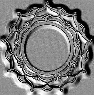 3D-Modell eines Basreliefs mit Blumenmuster, das ein kreisförmiges Ornament mit Blütenblättern und einer zentralen Vertiefung