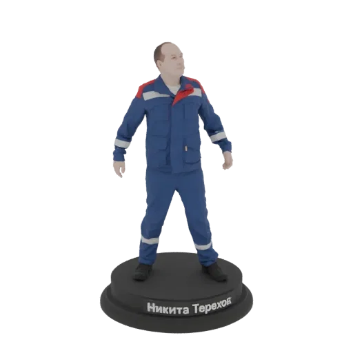 3D model of a man in blue work overalls, standing on a circular base with the name 'Nikita Terekhov' inscribed.