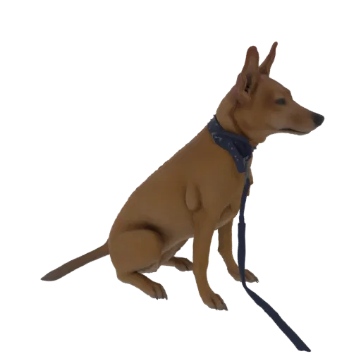 Modello 3D di un cane marrone seduto allerta, con collare blu fantasia e guinzaglio, su sfondo bianco.