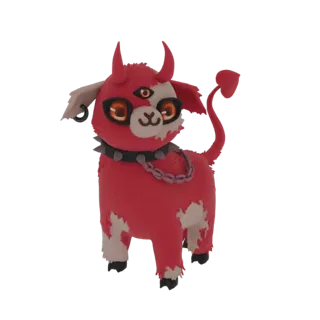Un rendu 3D d'une vache diabolique rouge avec cornes, collier à pointes, chaîne et un troisième œil sur le front, sur fond bl