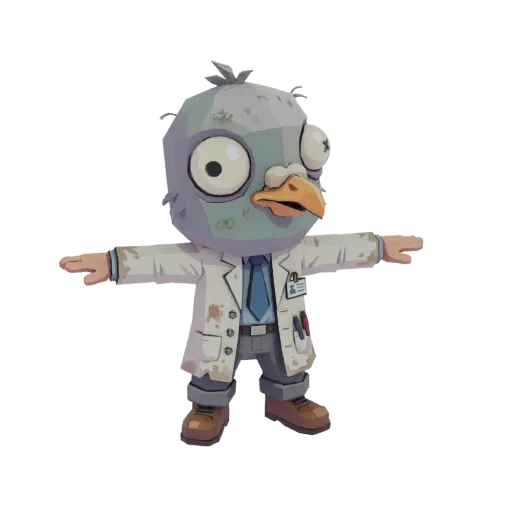 3D model of a cartoonish pigeon wearing a lab coat and tie, with a mad scientist expression.