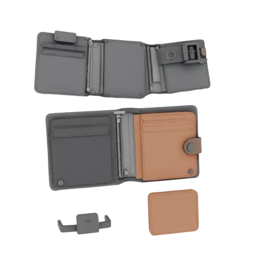 Modelo 3D Imprimible de Cartera Minimalista, renderizado STL isométrico, mostrando metal, silueta pequeña usable.