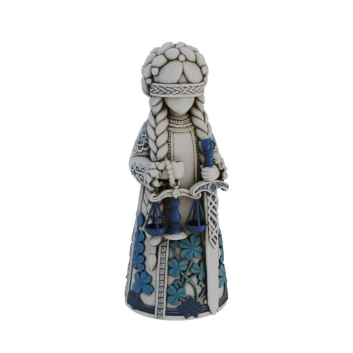 Modello 3D di una statuetta della Dama della Giustizia bendata, con bilancia e spada, caratterizzata da nodi celtici e trifog
