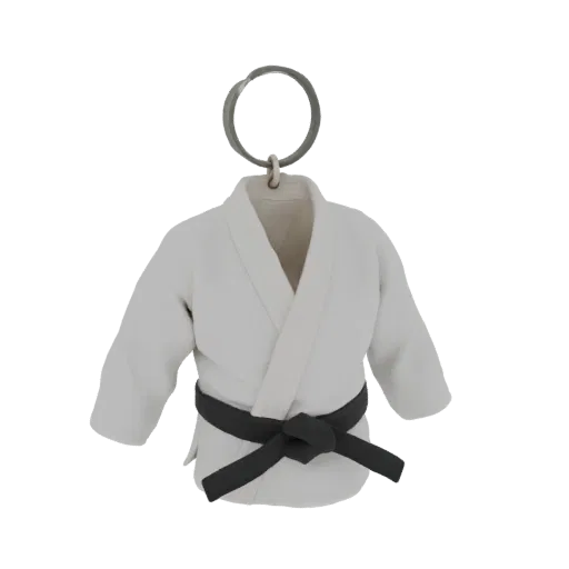 3D model of a miniature white martial arts gi with a black belt, featuring a loop for a keychain.