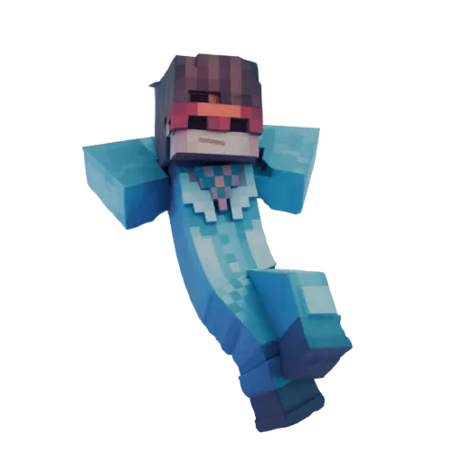Modelo 3D de personaje estilo Minecraft con traje y máscara de superhéroe acuático, en pose dinámica como si volara.