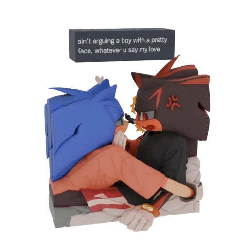 3D model of Sonic and Shadow in a romantic embrace, with Sonic leaning into Shadow and a speech bubble above.