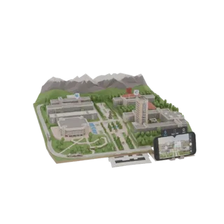 3D model of a modern university campus with low-poly buildings, trees, and a smartphone in the foreground.