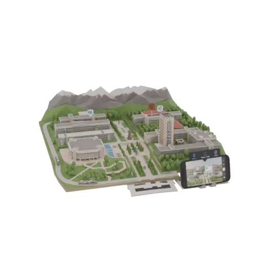 3D model of a modern university campus with low-poly buildings, trees, and a smartphone in the foreground.