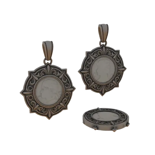 Ornate Medallion collectible detail 3D model, studio profile shot, showing pendant silhouette and surface contrast.