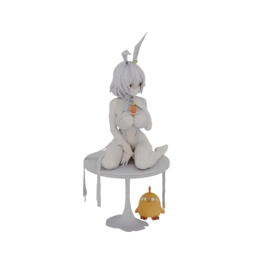3D model of a white-haired bunny girl in a light outfit, sitting on a round table, holding a carrot, with a small yellow chic