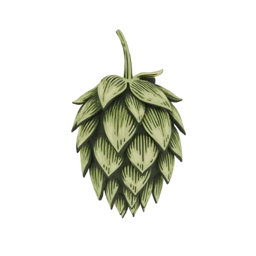 Modèle 3D détaillé d'un seul cône de houblon avec des pétales verts superposés, isolé sur fond blanc.