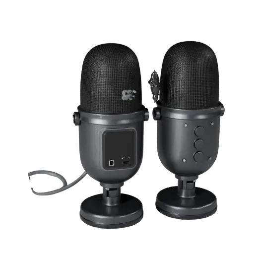 Microphone 3D model, three-quarter front view, AR viewer studio render, showing plastic shells, desktop scale.