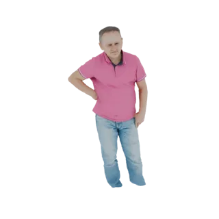 Modello 3D di un uomo con polo rosa e jeans blu, in piedi con una mano sul fianco.