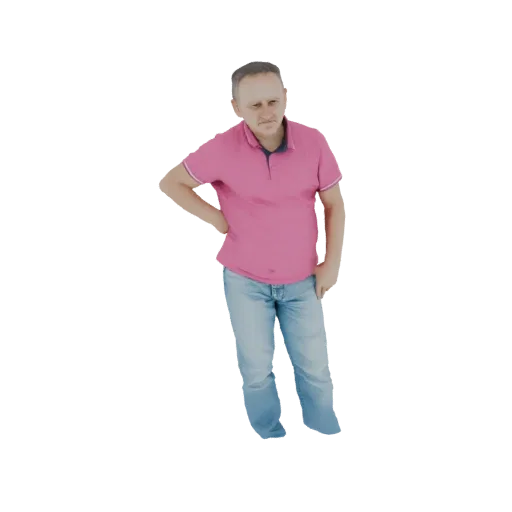 Modello 3D di un uomo con polo rosa e jeans blu, in piedi con una mano sul fianco.