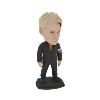 3D model of a blonde man in a black suit with a bobblehead and Russian flag armband, standing on a black base.
