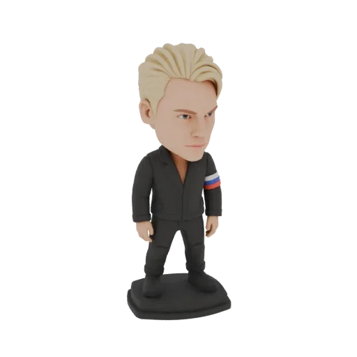 3D-Modell eines blonden Mannes im schwarzen Anzug mit Bobblehead und russischem Flaggen-Armband, stehend auf schwarzem Sockel