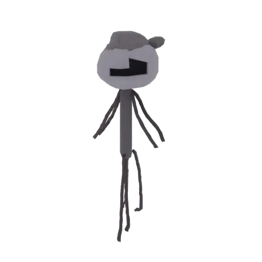 3D render of a gray stick figure character wearing a Santa hat, with a black rectangular eye and thin limbs, against a white
