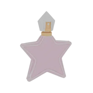 Modelo 3D de una botella de perfume rosa en forma de estrella con tapa de spray transparente y boquilla dorada, sobre un fond
