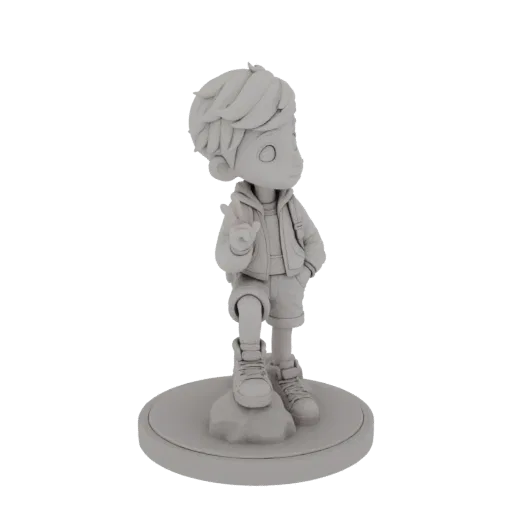 3D model of a chibi boy with a backpack, standing on a rock base, with one hand raised in a peace sign.