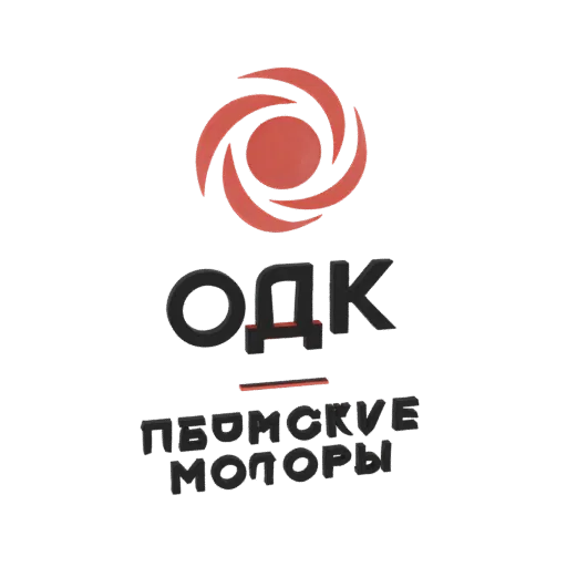 Modello 3D del logo ODK con emblema rosso vorticoso e testo russo nero audace 'ОДК' e 'ПБОМСКИE MOTORY'.