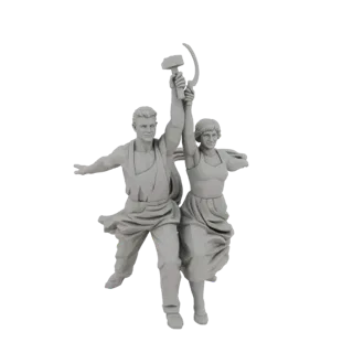 Modèle 3D de la sculpture 'Ouvrier et Kolkhozienne', un homme et une femme en poses dynamiques tenant un marteau et une fauci