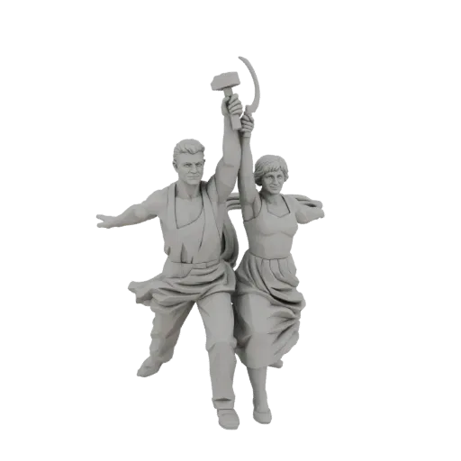3D model of the 'Worker and Kolkhoz Woman' sculpture, a man and woman in dynamic poses holding a hammer and sickle.