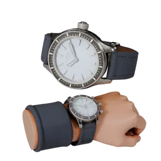 Diver Pocket Watch 3D model, three-quarter front view, AR viewer studio render, showing metal cases, wrist scale.