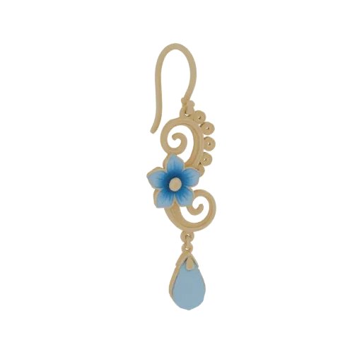 3D model of a gold earring with a blue flower, swirling filigree, and a light blue teardrop pendant.