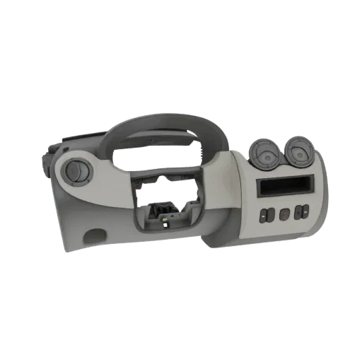 3D model of a car's dashboard center console, showing air vents, buttons, and a display slot.